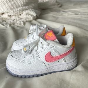 like NEW baby girl air force 1s white pink & orange 🤍🩷🧡